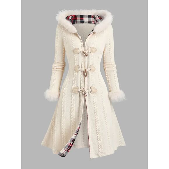 NIB- Long Cream Knitted & Plaid + Faux Fur Lined Hood/Sleeves Horn Buttons MED - Picture 1 of 6